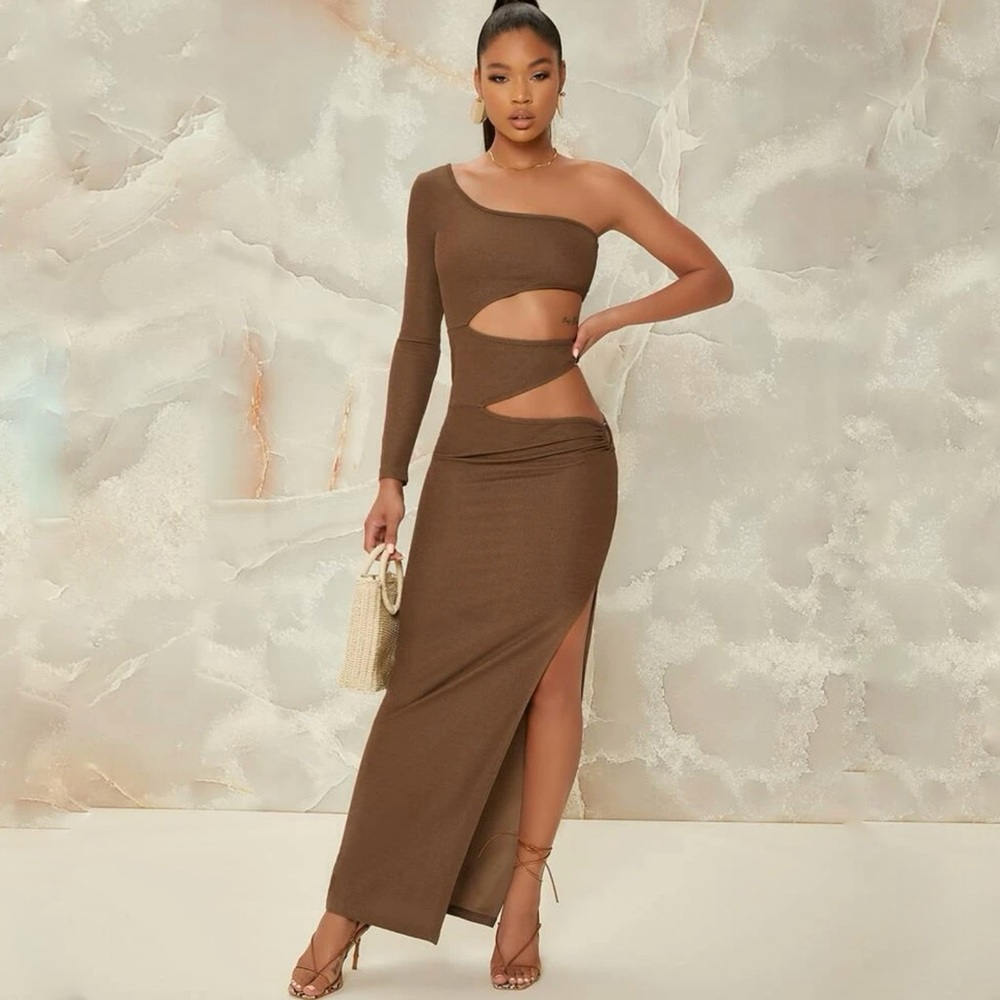 One Long Sleeve Cutout Tan Shine Stretch Fabric Ring Detail Side Slit Maxi Dress